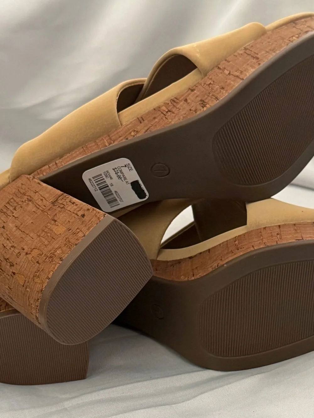 Cross‑Strap Cork Block Heel faux leather Sandal in Tan 3.5 inch heel